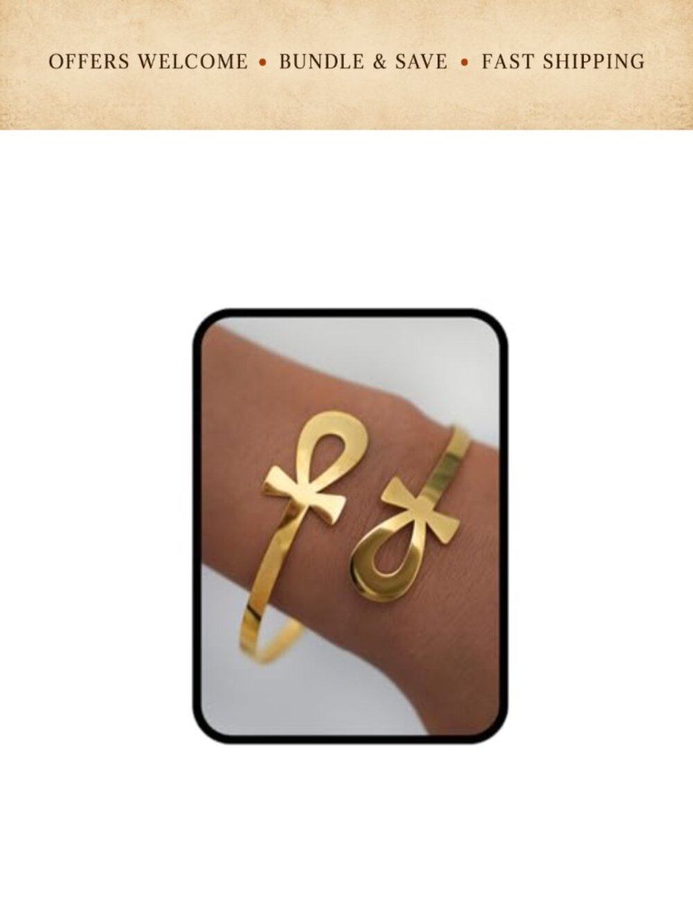 Gold Plated Stainless Steel Ankh Ring Adjustable Statement Band